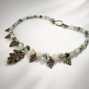 Oak and Stone: Tree Agate Gemstone Necklace and Copper Oak Leaf Pendant